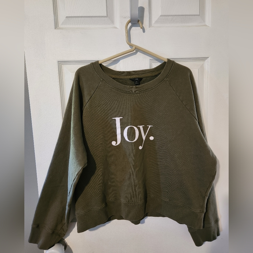 J. Crew Joy Sweatshirt Olive Women's XL Crewneck Cotton Terry Crop Holiday XMAS